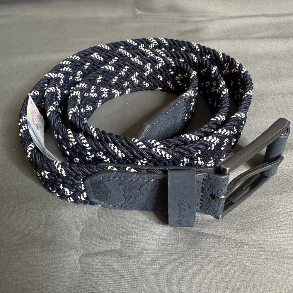 Robert Graham Jacob Belt Mens 42 Navy Braided Elastic Paisley Leather Trim NEW
